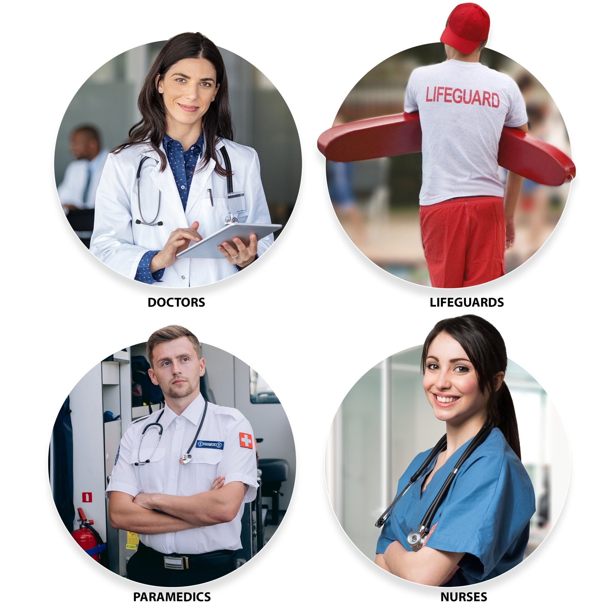 Four circular photos showing professionals who use first aid, labeled: "Doctors," "Lifeguards," "Paramedics," and "Nurses."