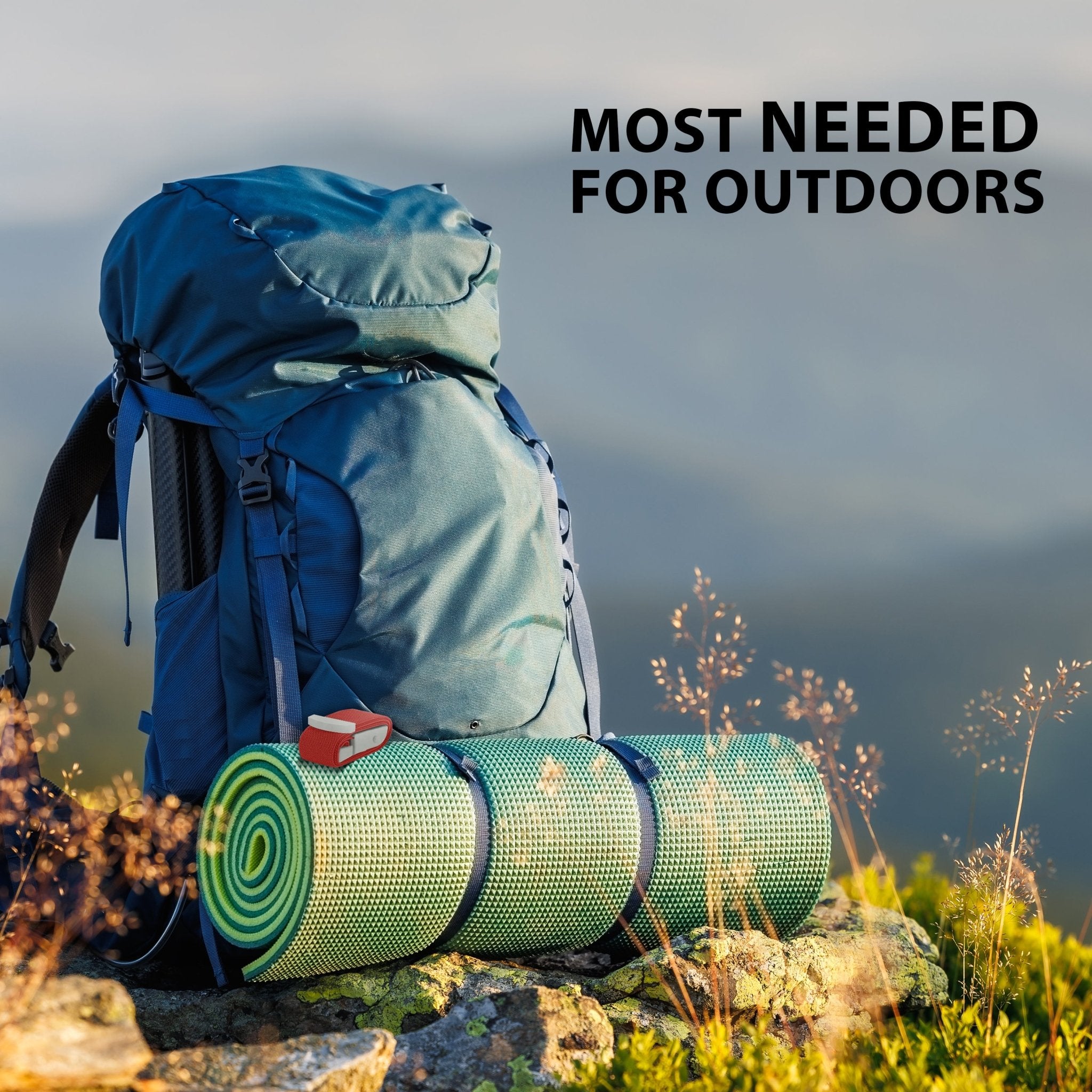 A blue hiking backpack with a green sleeping mat and a red medical tourniquet, labeled "MOST NEEDED FOR OUTDOORS".