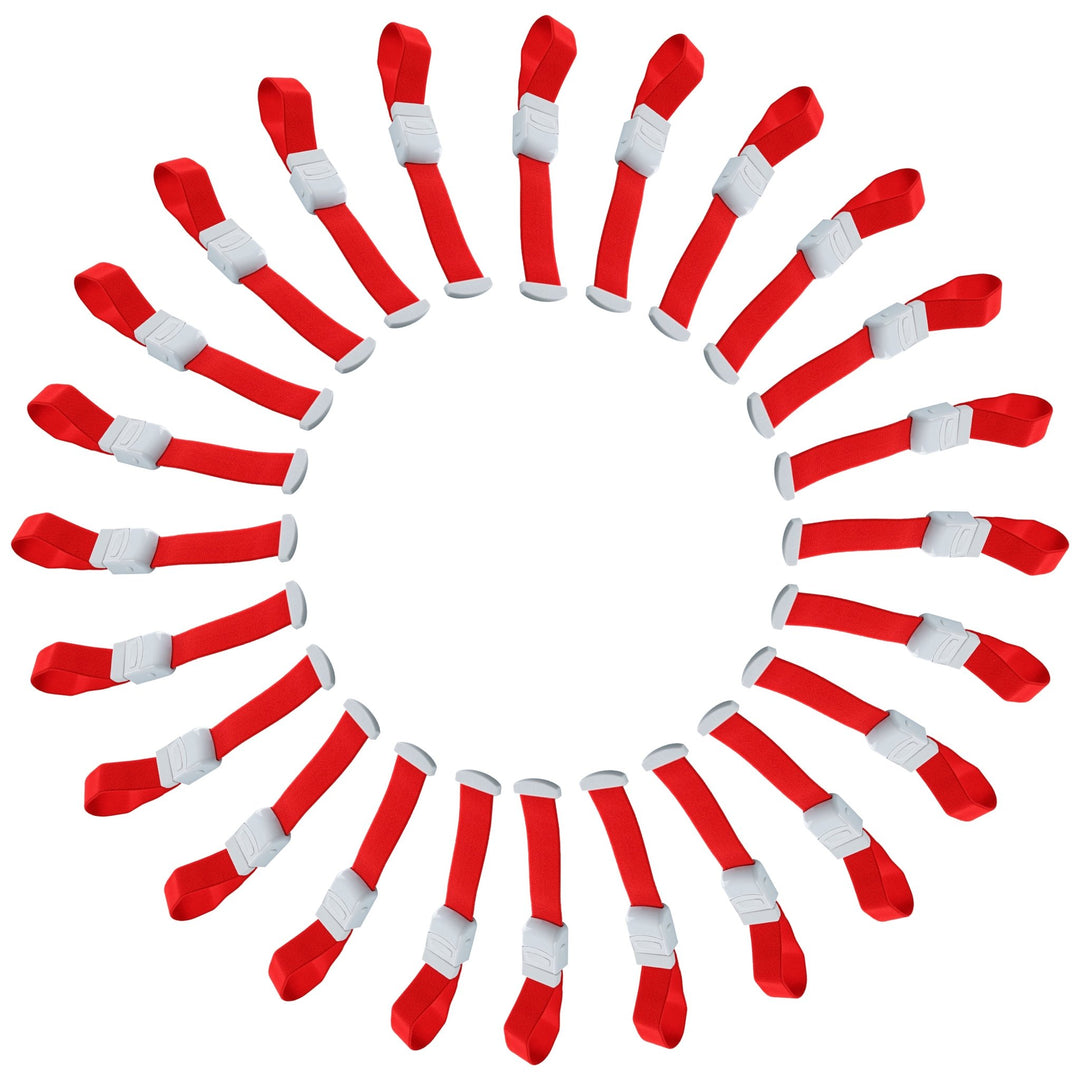 A pack of 25 red elastic medical tourniquets with white quick-release buckles for clinical and student use.