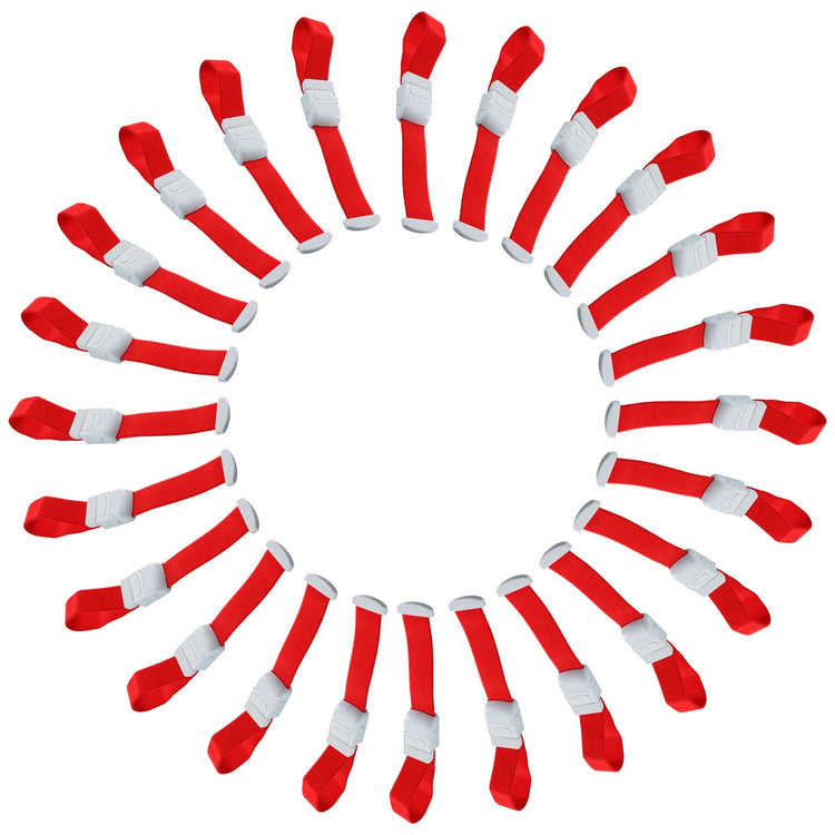 A pack of 25 red elastic medical tourniquets with white quick-release buckles for clinical and student use.