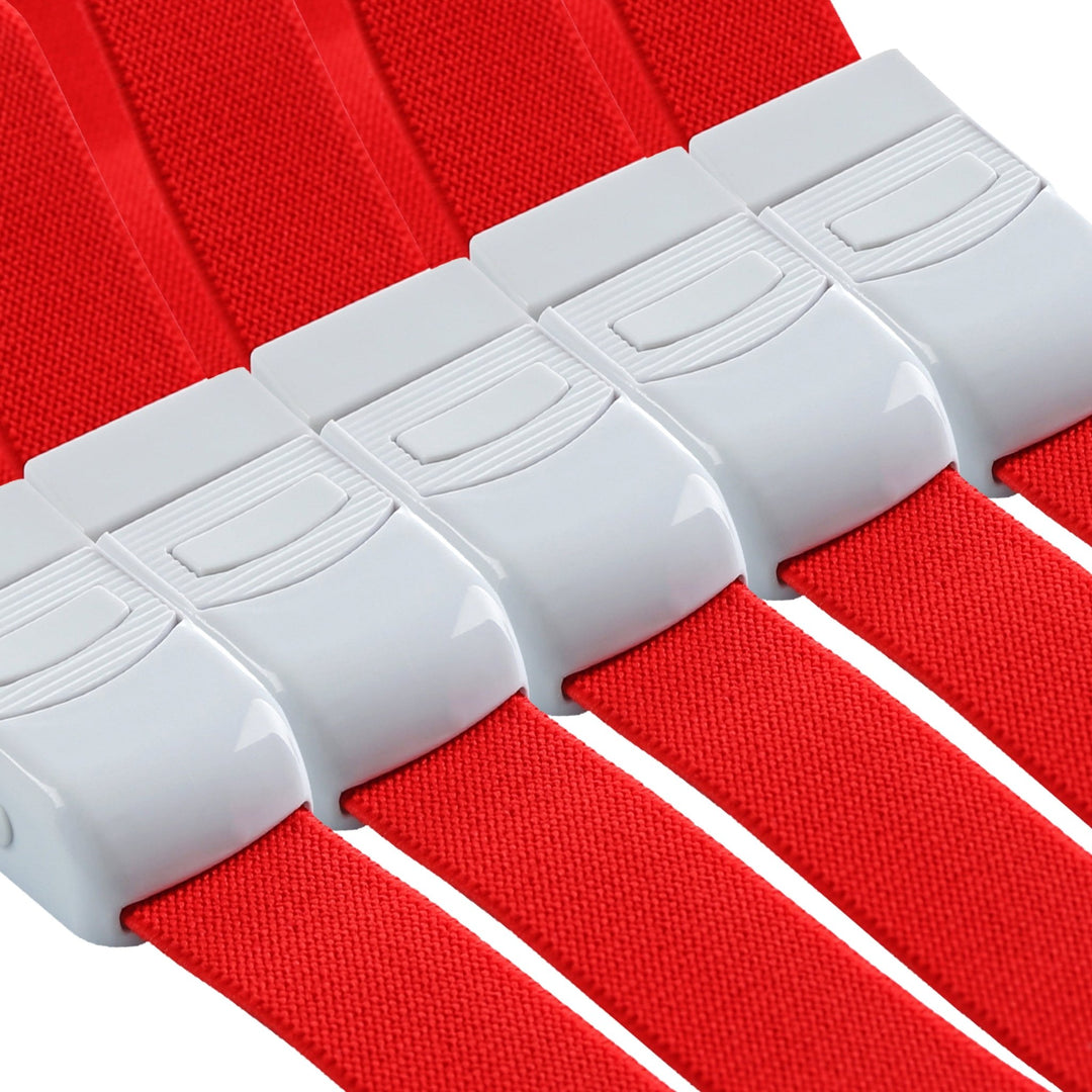 Close-up of high-quality white plastic buckles on red elastic medical tourniquets, showcasing durable construction.