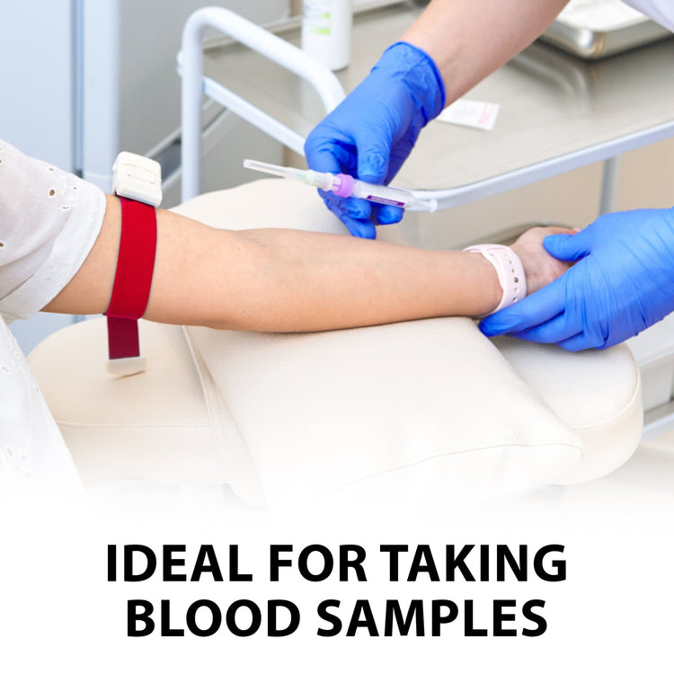 A patient's arm with a red tourniquet applied, ideal for taking blood samples in hospitals and clinics.