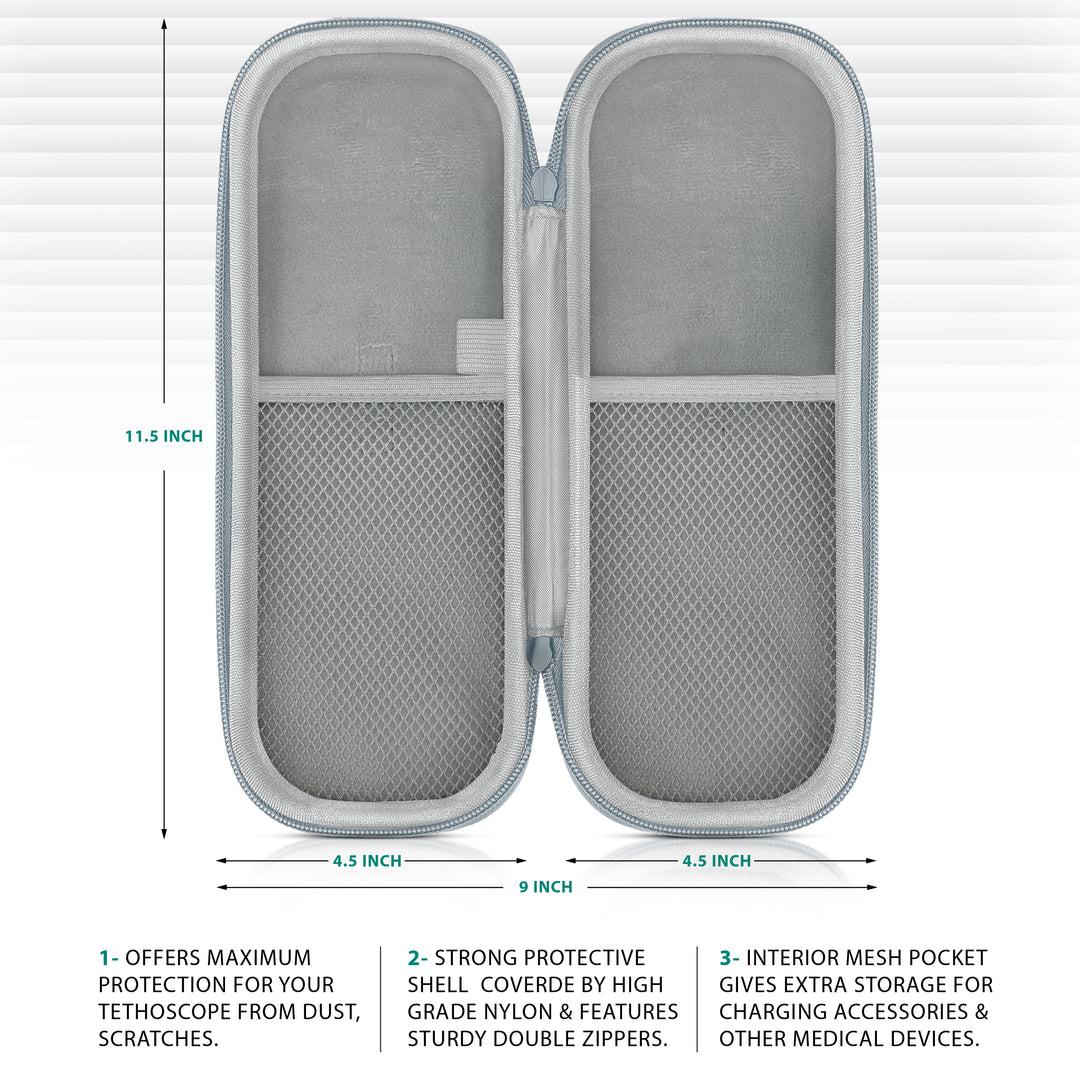An informational graphic for an open gray stethoscope case showing its dimensions as 11.5 inches tall and 9 inches wide (4.5 inches per side). Text at the bottom highlights features including maximum protection from dust and scratches, a strong high-grade nylon protective shell with sturdy double zippers, and an interior mesh pocket for accessories.