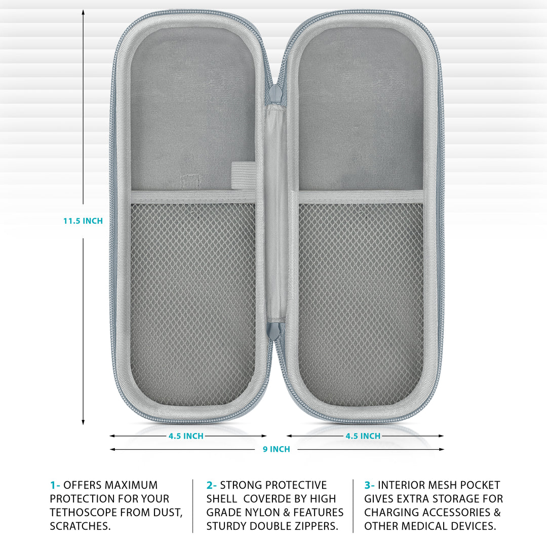 An informational graphic for an open gray stethoscope case showing its dimensions as 11.5 inches tall and 9 inches wide (4.5 inches per side). Text at the bottom highlights features including maximum protection from dust and scratches, a strong high-grade nylon protective shell with sturdy double zippers, and an interior mesh pocket for accessories.