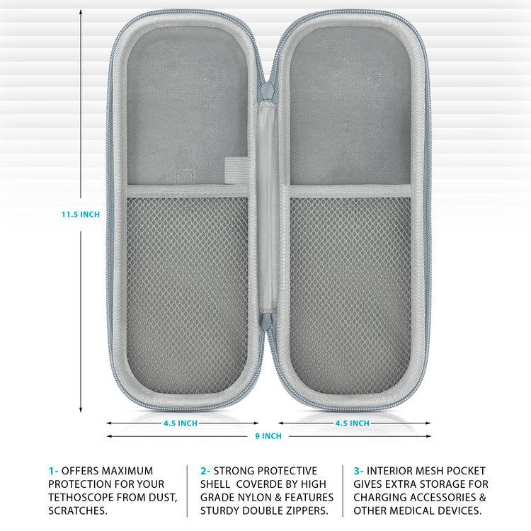 An informational graphic for an open gray stethoscope case showing its dimensions as 11.5 inches tall and 9 inches wide (4.5 inches per side). Text at the bottom highlights features including maximum protection from dust and scratches, a strong high-grade nylon protective shell with sturdy double zippers, and an interior mesh pocket for accessories.