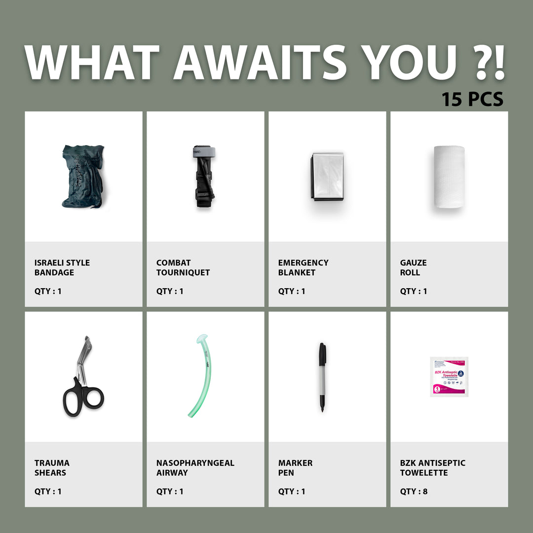 A grid-style inventory chart titled "WHAT AWAITS YOU ?! 15 PCS" displaying the kit contents. The items listed are: Israeli Style Bandage (Qty 1), Combat Tourniquet (Qty 1), Emergency Blanket (Qty 1), Gauze Roll (Qty 1), Trauma Shears (Qty 1), Nasopharyngeal Airway (Qty 1), Marker Pen (Qty 1), and BZK Antiseptic Towelette (Qty 8).
