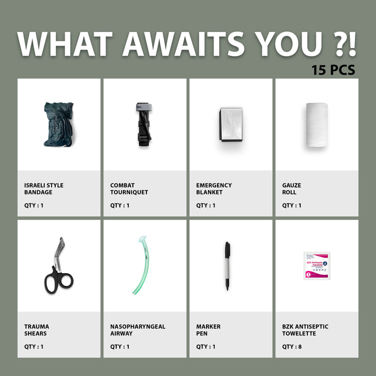A grid-style inventory chart titled "WHAT AWAITS YOU ?! 15 PCS" displaying the kit contents. The items listed are: Israeli Style Bandage (Qty 1), Combat Tourniquet (Qty 1), Emergency Blanket (Qty 1), Gauze Roll (Qty 1), Trauma Shears (Qty 1), Nasopharyngeal Airway (Qty 1), Marker Pen (Qty 1), and BZK Antiseptic Towelette (Qty 8).