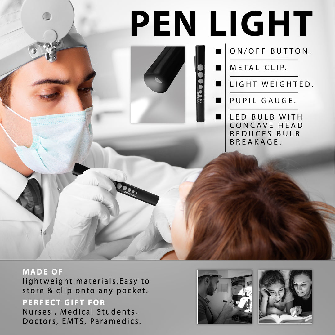Promotional graphic titled "PEN LIGHT" showing a doctor examining a patient. Text lists features: On/off button, metal clip, lightweight, pupil gauge, and LED bulb with concave head. Bottom text notes it is a "Perfect Gift For Nurses, Medical Students, Doctors, EMTs, Paramedics."