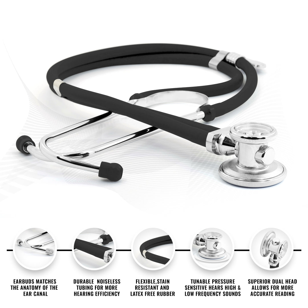 A black dual-head stethoscope featuring text callouts that emphasize its ergonomic earbuds, durable noiseless tubing, flexible latex-free rubber, tunable pressure sensitivity for high and low frequencies, and a superior dual head.