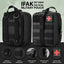 Black tactical military pouch with red medical cross patch on a green background