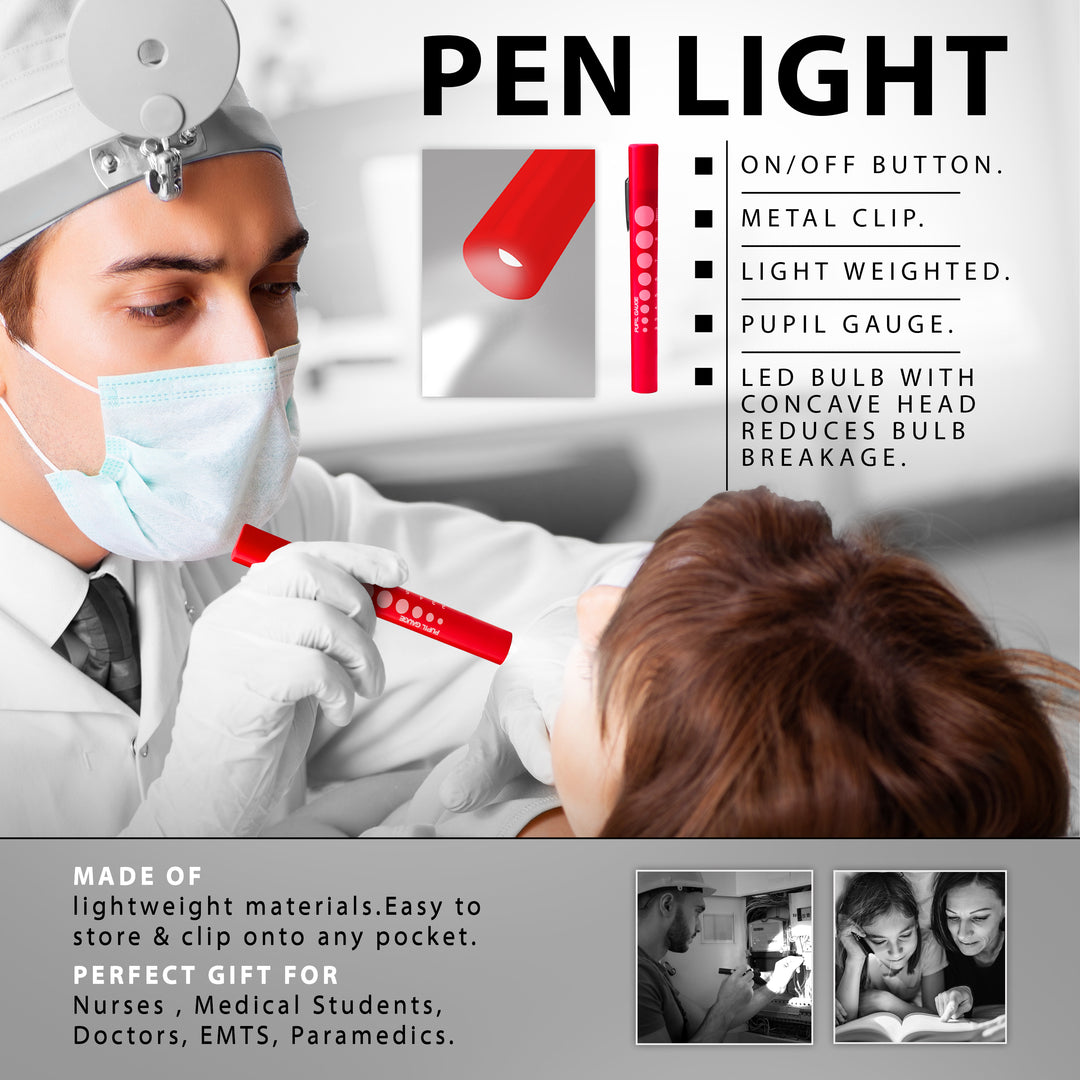 Promotional graphic titled "PEN LIGHT" showing a doctor examining a patient. Text lists features: On/off button, metal clip, lightweight, pupil gauge, and LED bulb with concave head. Bottom text notes it is a "Perfect Gift For Nurses, Medical Students, Doctors, EMTs, Paramedics."