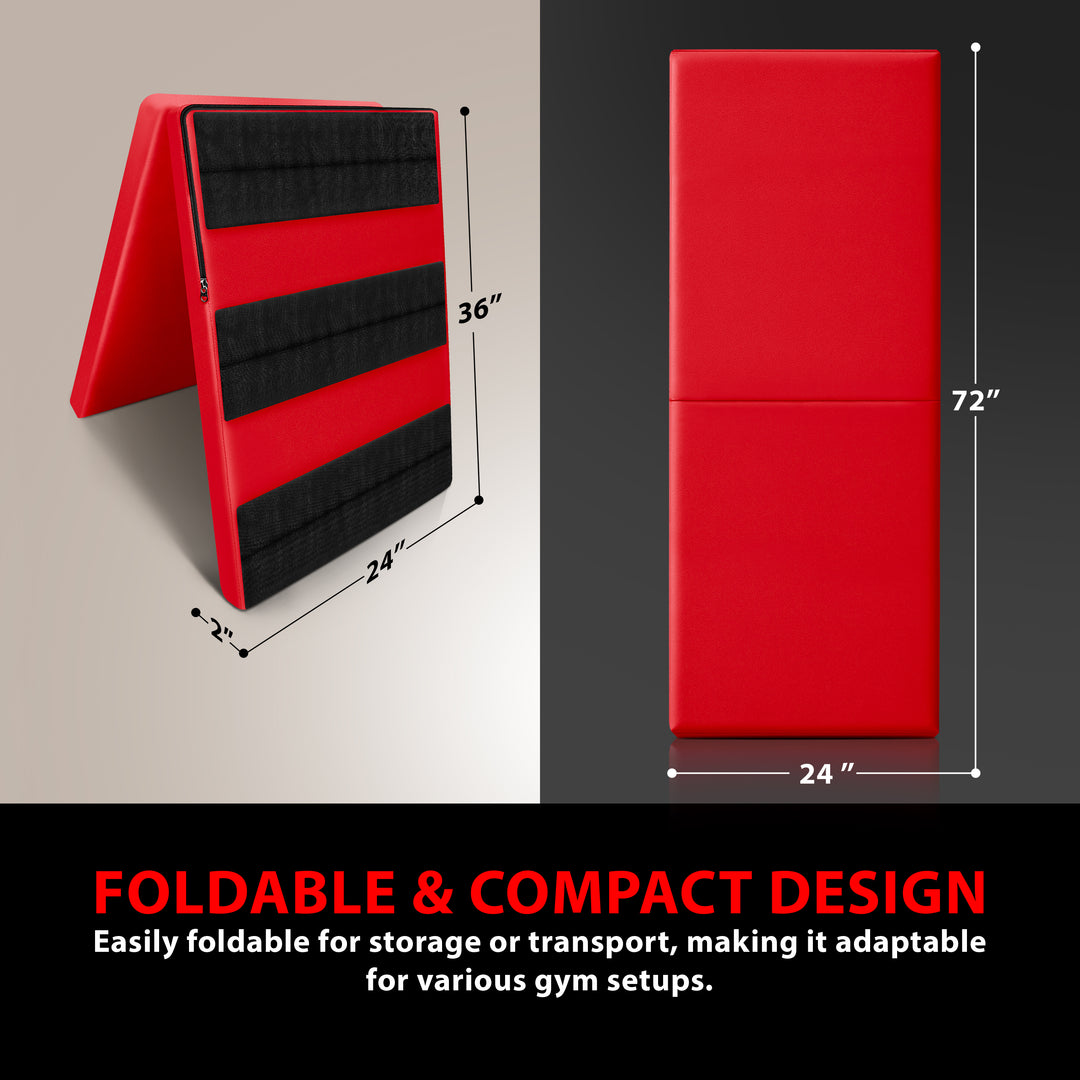 An annotated product image showing the dimensions of a foldable red wall mat, displaying it both folded to show the mounting straps and fully extended to its full 72-inch height.