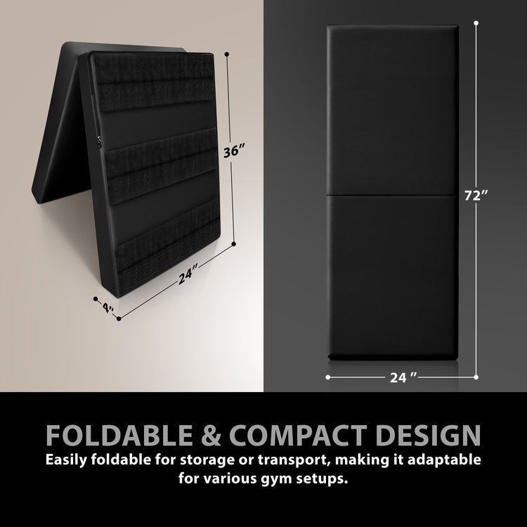 An annotated product image showing the dimensions of a foldable black wall mat, displaying it both folded to show the mounting straps and fully extended to its full 72-inch height.