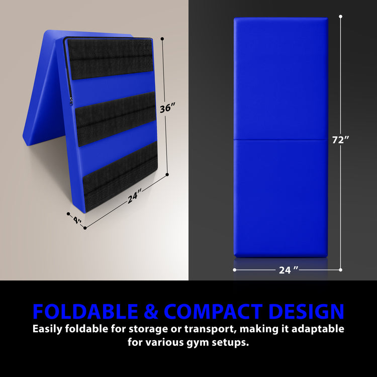 An annotated product image showing the dimensions of a foldable blue wall mat, displaying it both folded to show the mounting straps and fully extended to its full 72-inch height.