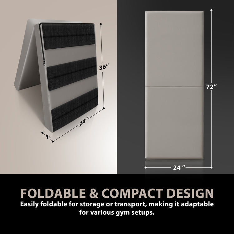 An annotated product image showing the dimensions of a foldable gray wall mat, displaying it both folded to show the mounting straps and fully extended to its full 72-inch height.