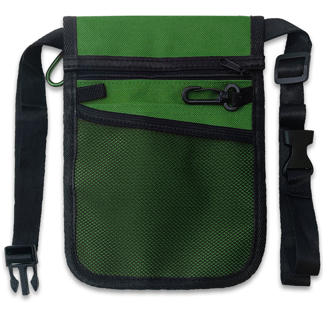 The reverse side view of the green medical pouch. This side features a large zippered compartment at the top, a mesh slip pocket below it, and a black plastic key clip. The durable black nylon waist strap is fully visible on both sides.