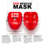 A front and back view of the red hard-shell CPR mask case. The front is labeled "CPR MASK Oxygen Inlet," while the back features illustrated instructions. Text at the bottom highlights features like "Crush Resistance," "Contamination Barrier," and "Ergonomic Easy-Grip Shape."