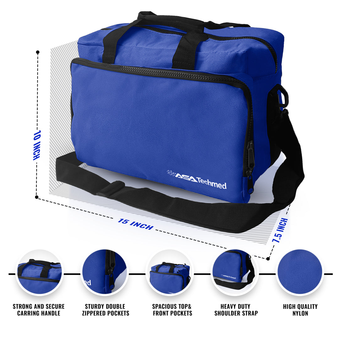 An annotated product diagram of a blue EMT bag displaying dimensions of 10.5 inches in length, 8 inches in height, and 5 inches in width, with text callouts highlighting features like the strong carrying handle and double zippered pockets.
