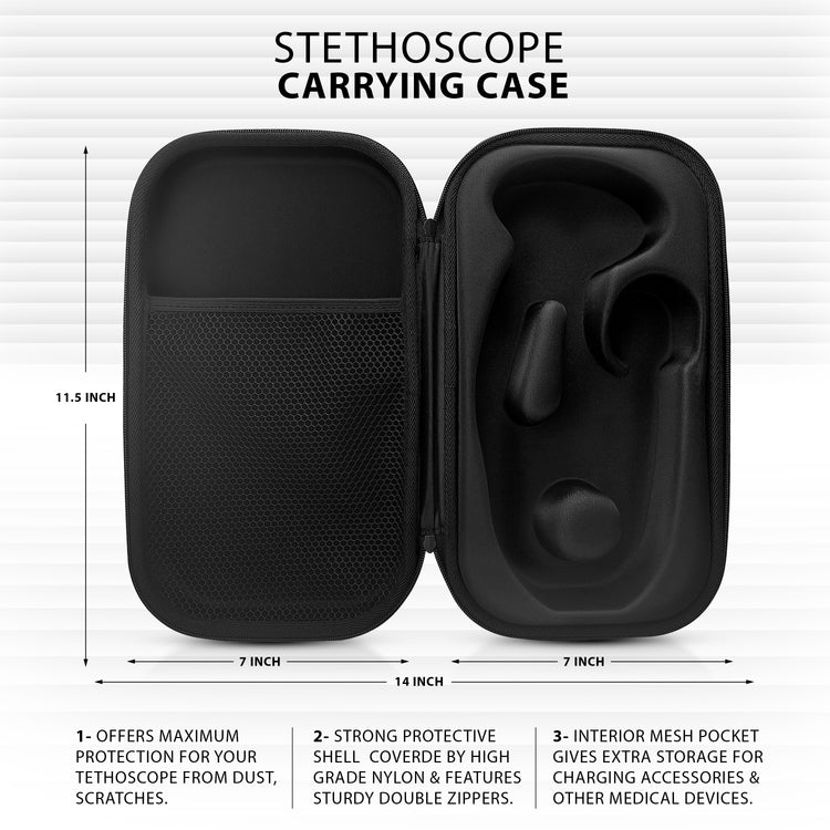 An open view of a black hard-shell stethoscope carrying case. The interior left side features a mesh storage pocket, while the right side has a molded indentation designed to securely hold a stethoscope. Dimensional markings indicate the case is 11.5 inches tall and 14 inches wide when fully open (7 inches per side). Text at the bottom lists three key features: maximum protection from dust and scratches, a strong protective nylon shell with sturdy double zippers, and an interior mesh pocket for storing acce