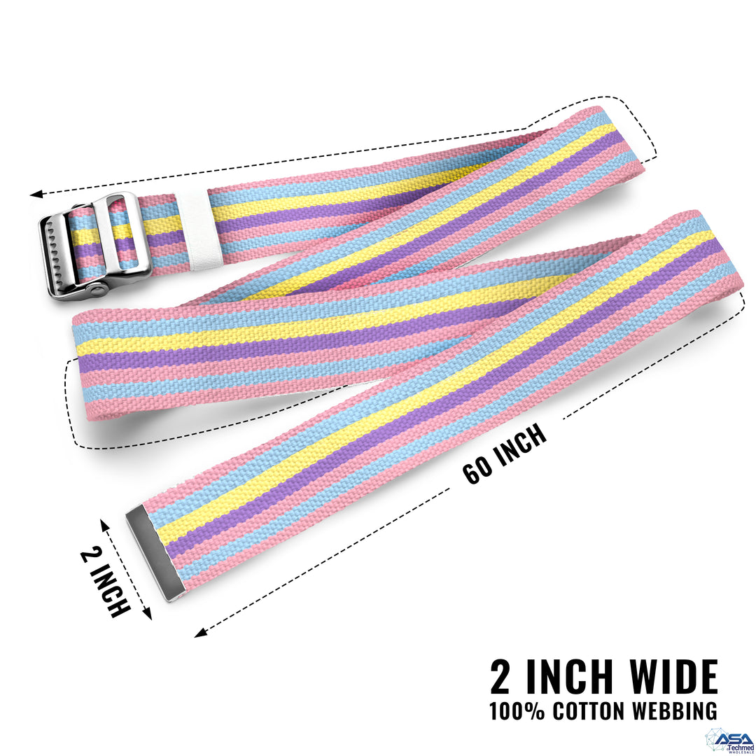 A product shot of a pastel colors gait belt laid out flat to show its full length. Text annotations indicate the dimensions are "60 INCH" long and "2 INCH" wide. The bottom text reads "2 INCH WIDE 100% COTTON WEBBING." The belt features a metal buckle with teeth on one end and a metal tip on the other.