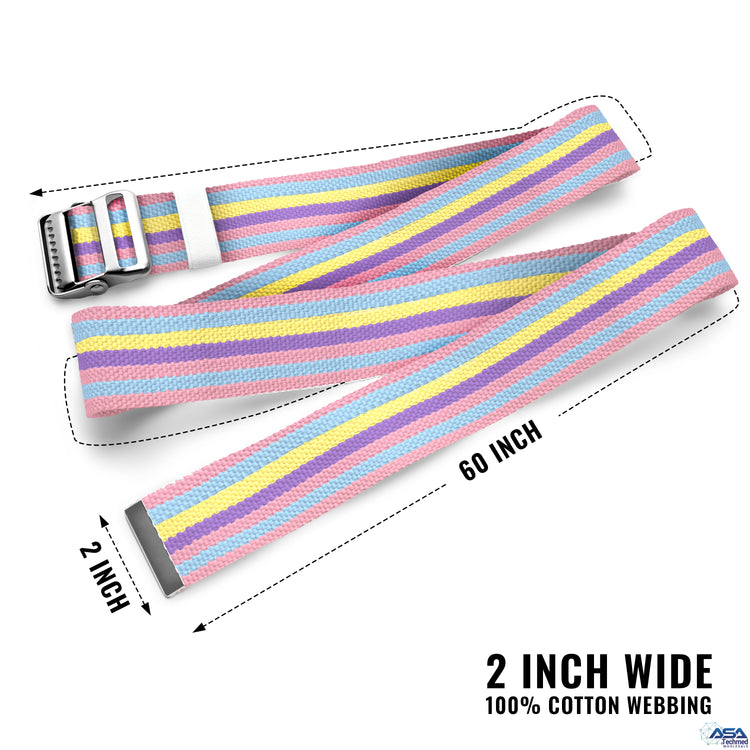 A product shot of a pastel colors gait belt laid out flat to show its full length. Text annotations indicate the dimensions are "60 INCH" long and "2 INCH" wide. The bottom text reads "2 INCH WIDE 100% COTTON WEBBING." The belt features a metal buckle with teeth on one end and a metal tip on the other.