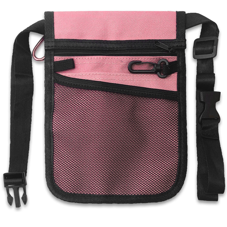 The reverse side view of the pink medical pouch. This side features a large zippered compartment at the top, a mesh slip pocket below it, and a black plastic key clip. The durable black nylon waist strap is fully visible on both sides.