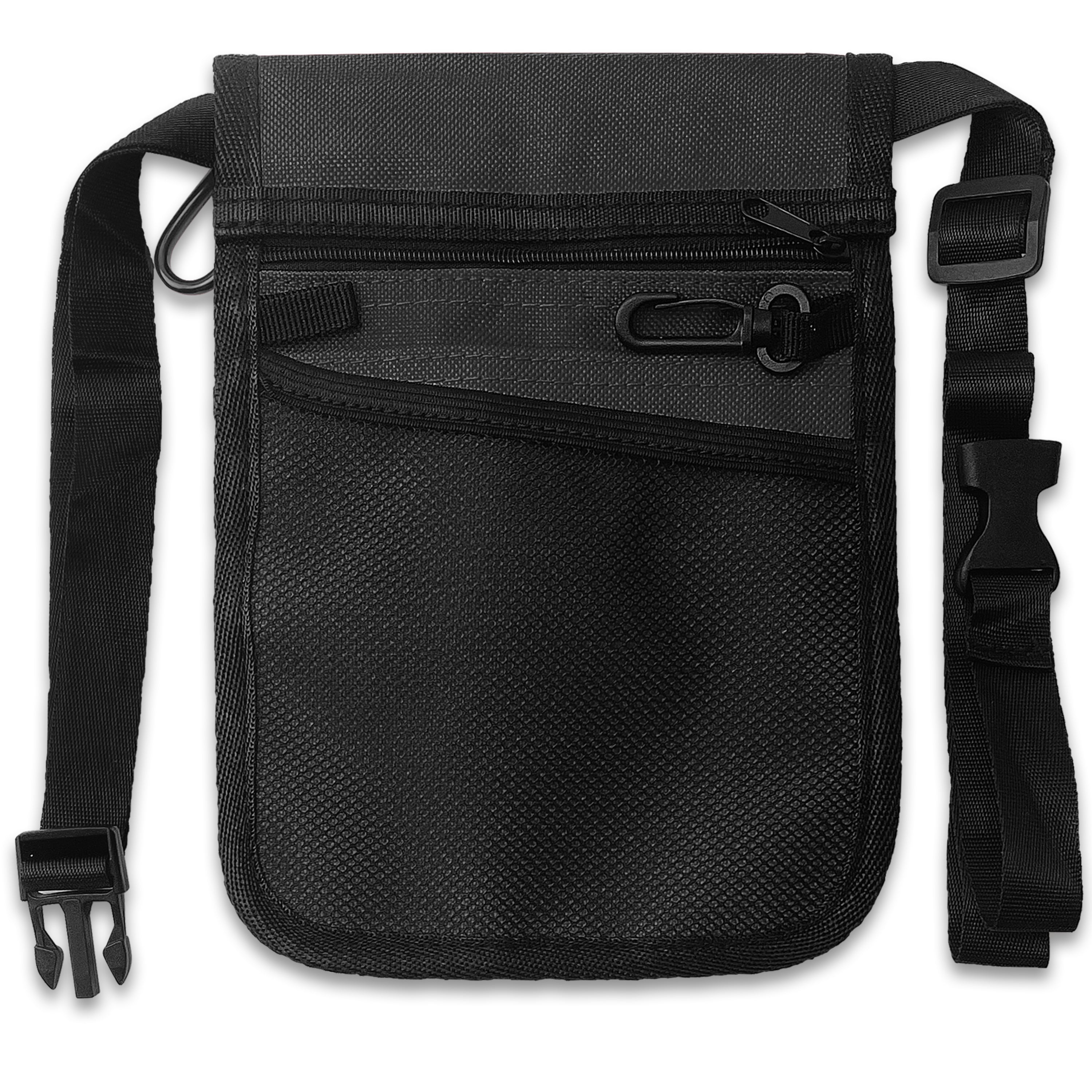 The reverse side view of the black medical pouch. This side features a large zippered compartment at the top, a mesh slip pocket below it, and a black plastic key clip. The durable black nylon waist strap is fully visible on both sides.