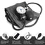Blood pressure monitor with black cuff and gauge on a white background