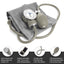 Gray blood pressure monitor with features highlighted on a white background