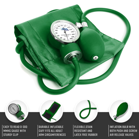 Hunter Green blood pressure monitor with features highlighted on a white background