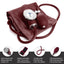 Maroon blood pressure monitor with features highlighted on a white background