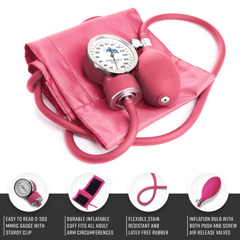 Pink blood pressure monitor with features highlighted on a white background