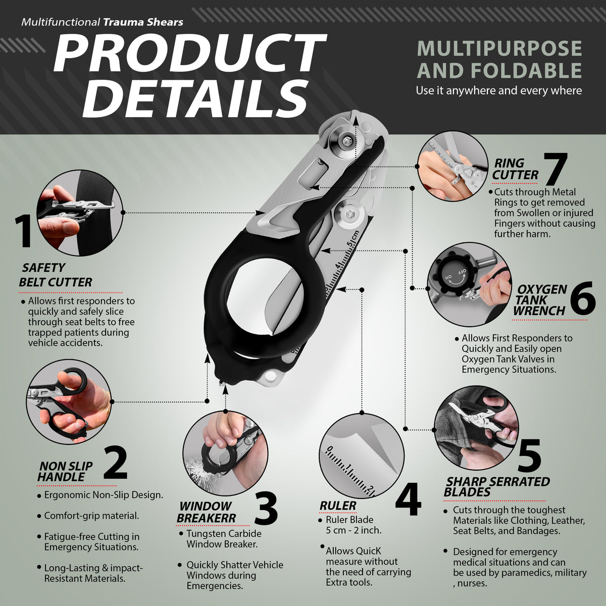 Infographic detailing the 7 features, including the window breaker, belt cutter, and oxygen wrench.