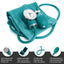 Teal blood pressure monitor with features highlighted on a white background