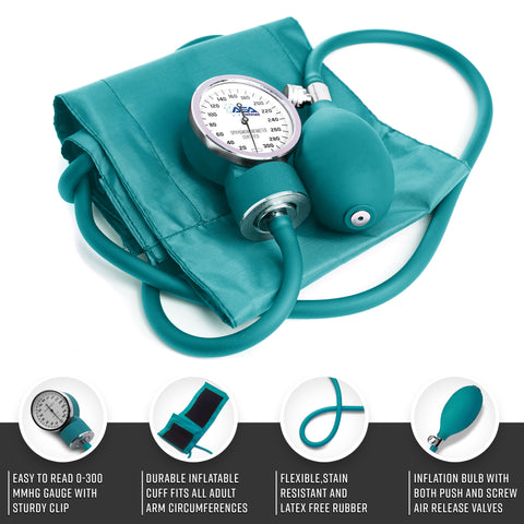 Teal blood pressure monitor with features highlighted on a white background