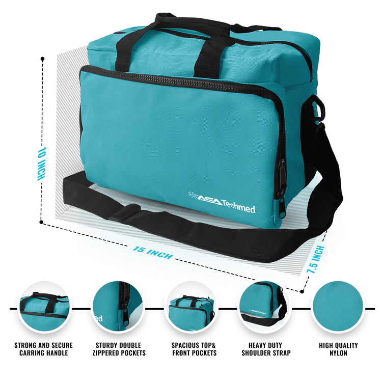 An annotated product diagram of a teal EMT bag displaying dimensions of 10.5 inches in length, 8 inches in height, and 5 inches in width, with text callouts highlighting features like the strong carrying handle and double zippered pockets.