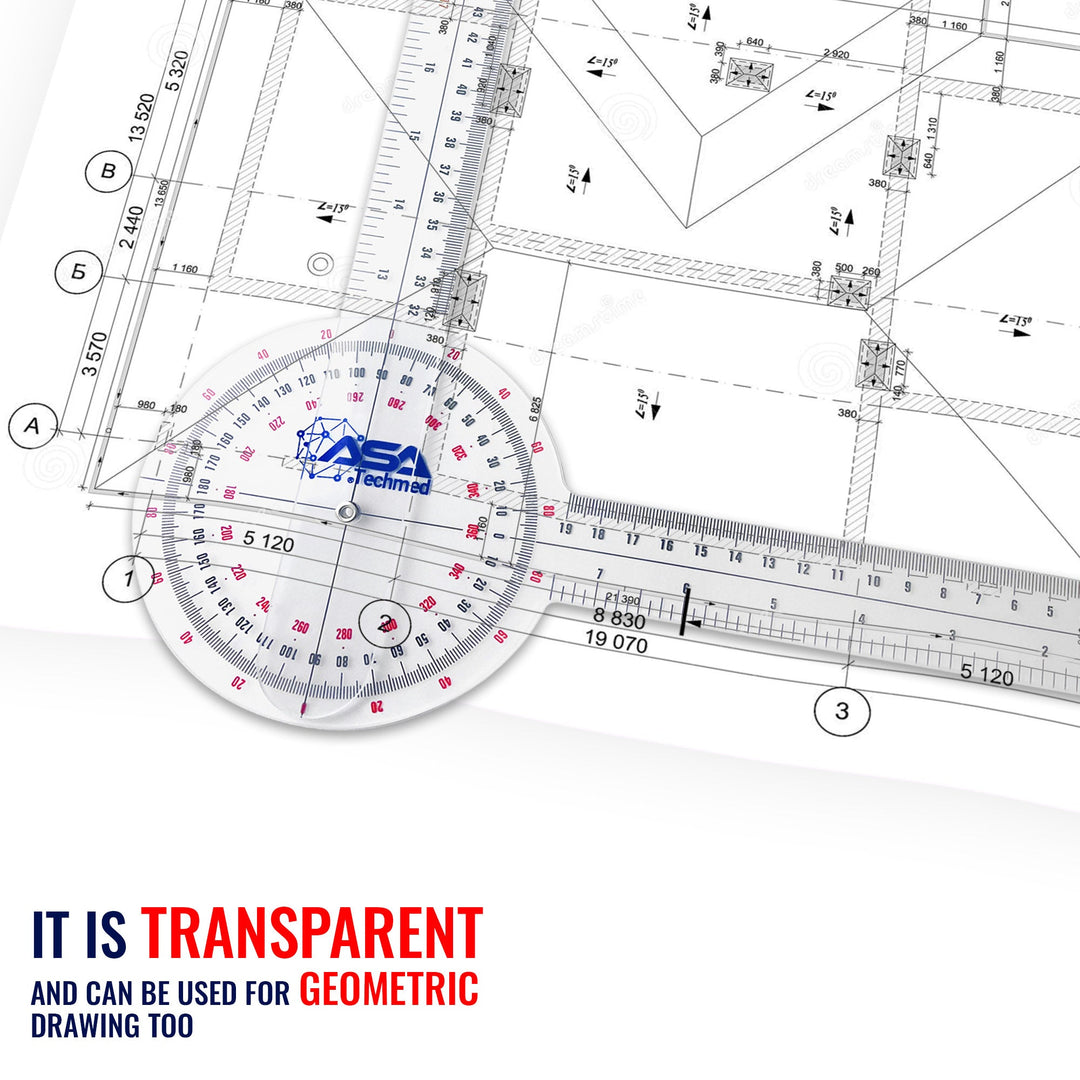 Clear goniometer placed over a blueprint or architectural drawing, highlighting its transparency and multi-purpose use for 'GEOMETRIC DRAWING' and drafting, in addition to medical measurements.