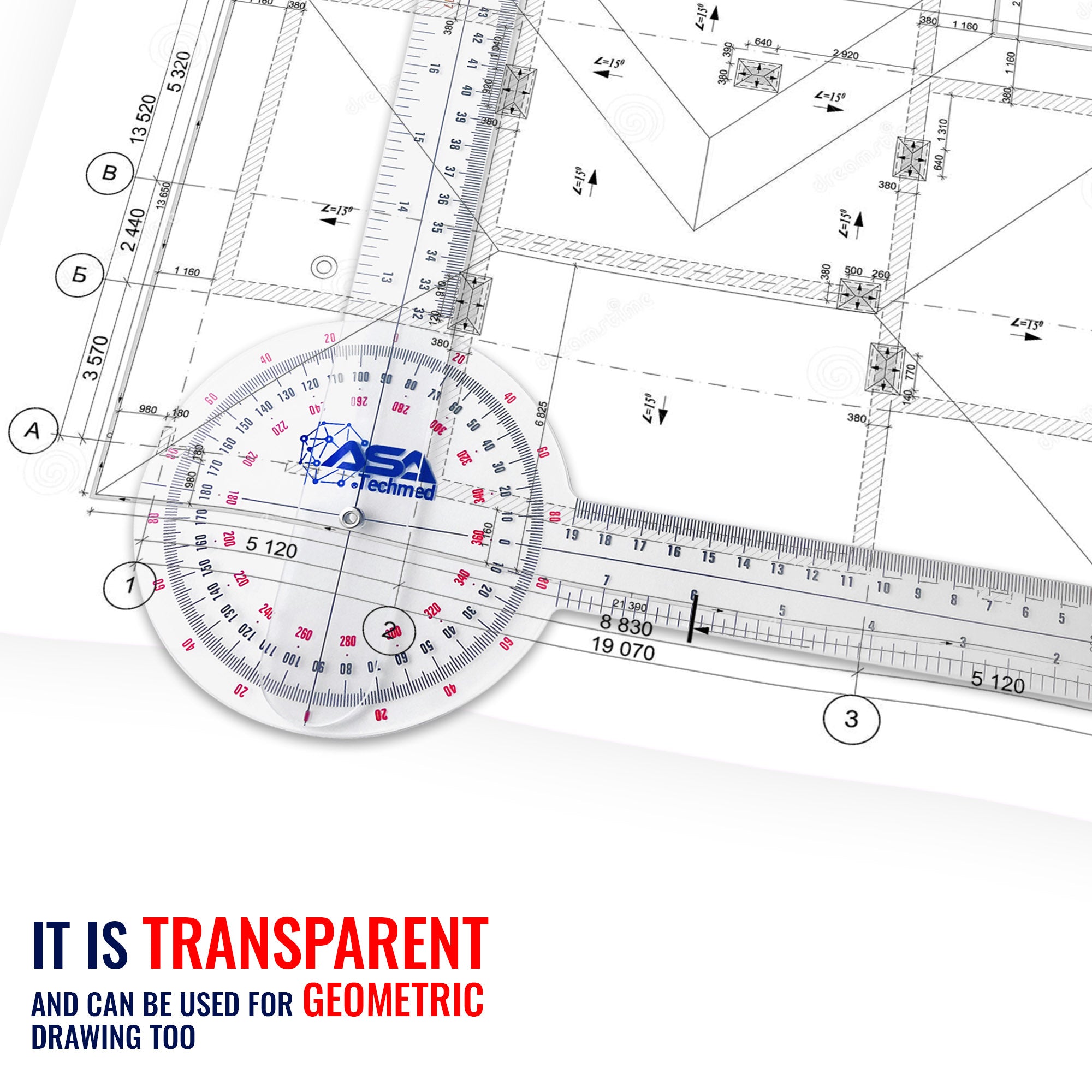 Clear goniometer placed over a blueprint or architectural drawing, highlighting its transparency and multi-purpose use for 'GEOMETRIC DRAWING' and drafting, in addition to medical measurements.