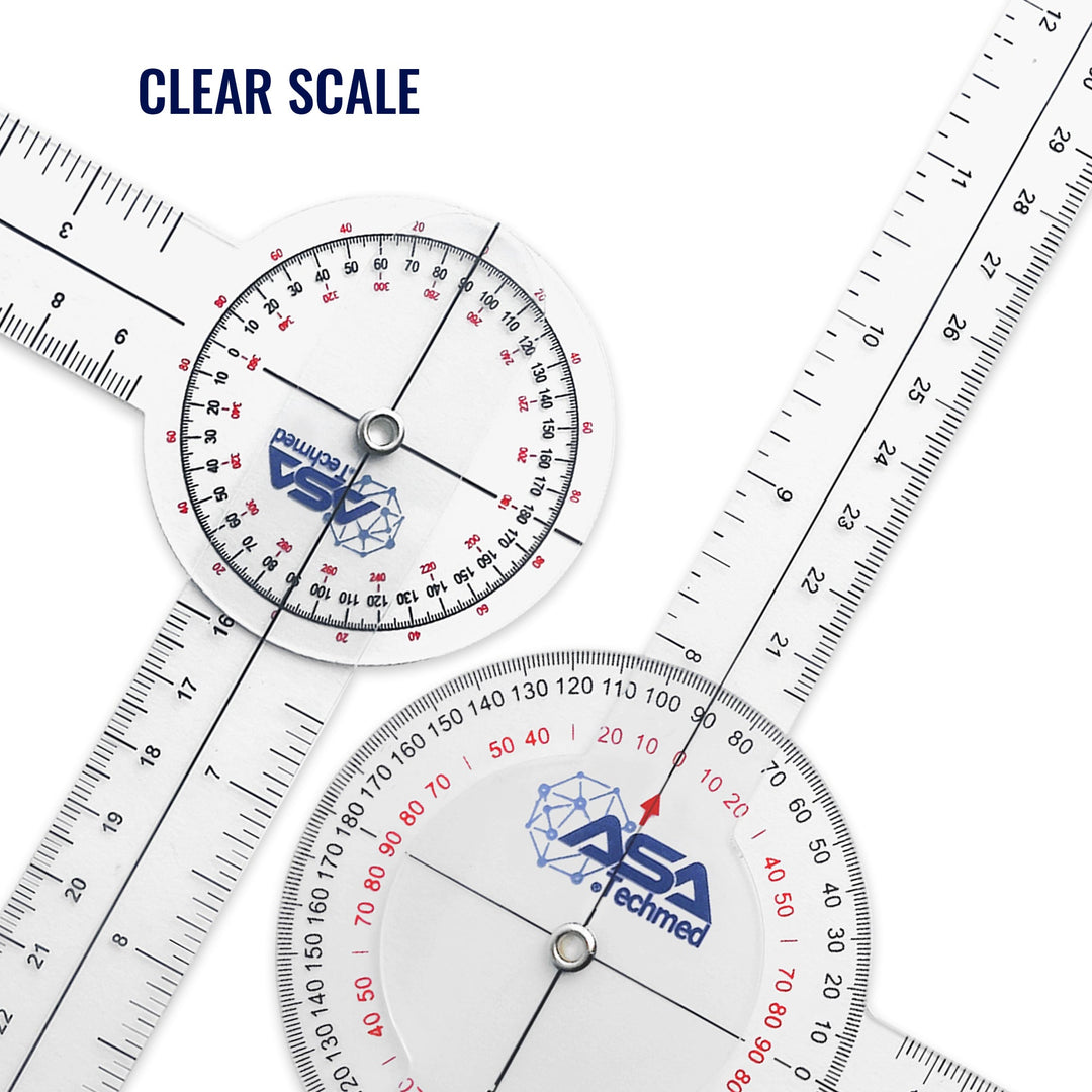 Overhead view of two ASA Techmed clear goniometers demonstrating the 'CLEAR SCALE' feature, showing the sharp, easy-to-read degree and linear (inch/cm) markings for high measurement accuracy.