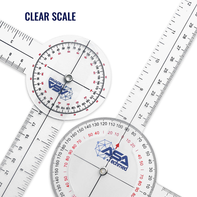Overhead view of two ASA Techmed clear goniometers demonstrating the 'CLEAR SCALE' feature, showing the sharp, easy-to-read degree and linear (inch/cm) markings for high measurement accuracy.