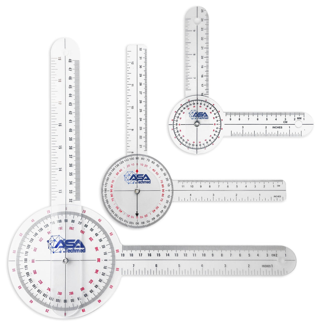 Set of three ASA Techmed clear plastic goniometers for physical therapy, showing 360-degree, 180-degree, and small joint measurement tools with inch and centimeter scales.