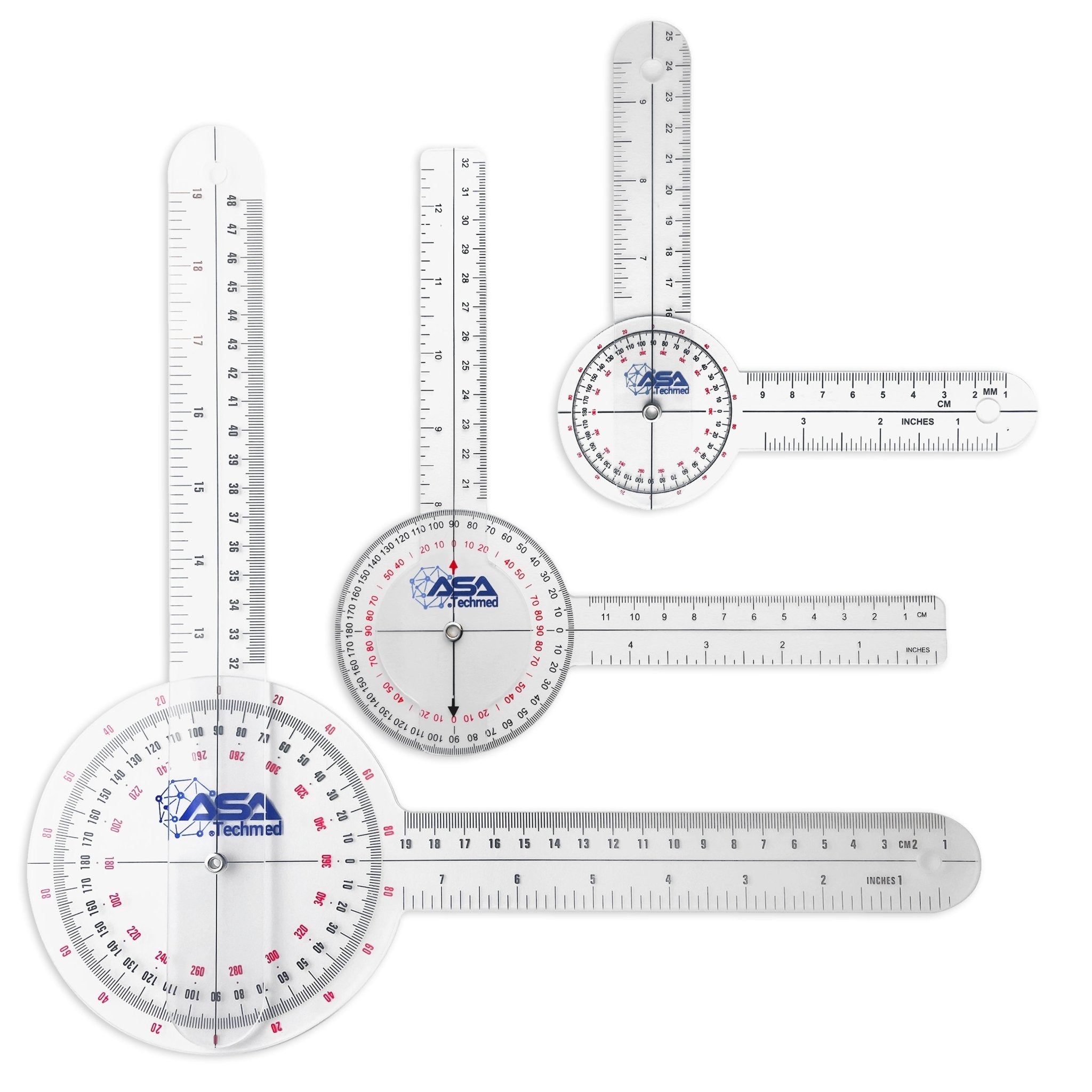 Set of three ASA Techmed clear plastic goniometers for physical therapy, showing 360-degree, 180-degree, and small joint measurement tools with inch and centimeter scales.