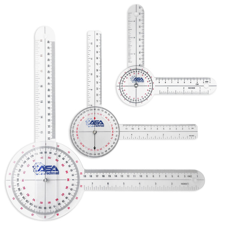 Set of three ASA Techmed clear plastic goniometers for physical therapy, showing 360-degree, 180-degree, and small joint measurement tools with inch and centimeter scales.