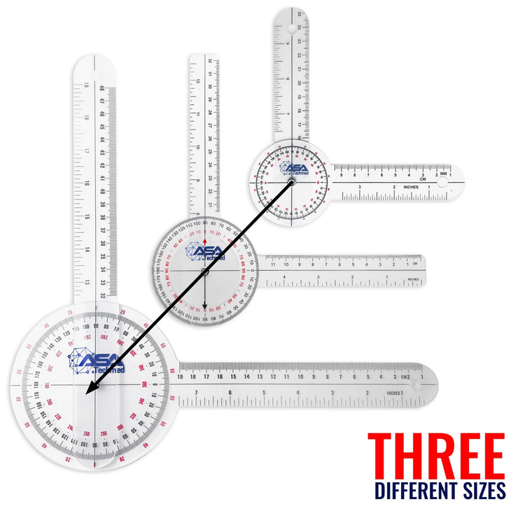 Display of the 'THREE DIFFERENT SIZES' of the ASA Techmed goniometer set: a large 360-degree, a medium 180-degree, and a small finger/hand goniometer for various joint assessments.