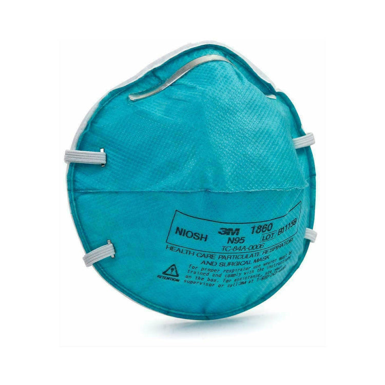 Studio shot of the teal 3M 1860 N95 surgical mask, showing its molded cup shape, white braided headbands, and adjustable metal nose piece for a secure seal.