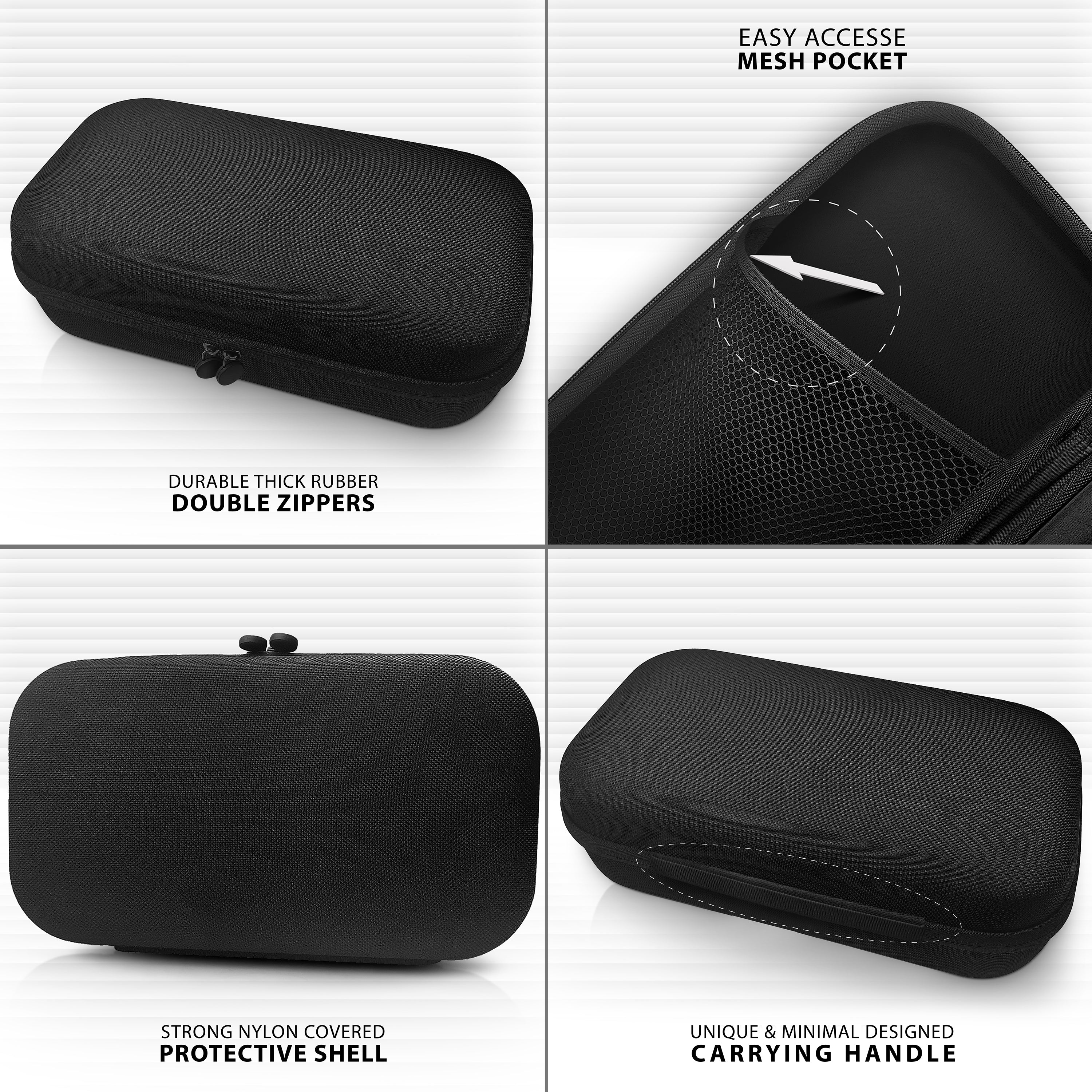 Infographic detailing the features of a black medical carrying case, highlighting double zippers, mesh pocket, protective shell, and handle.