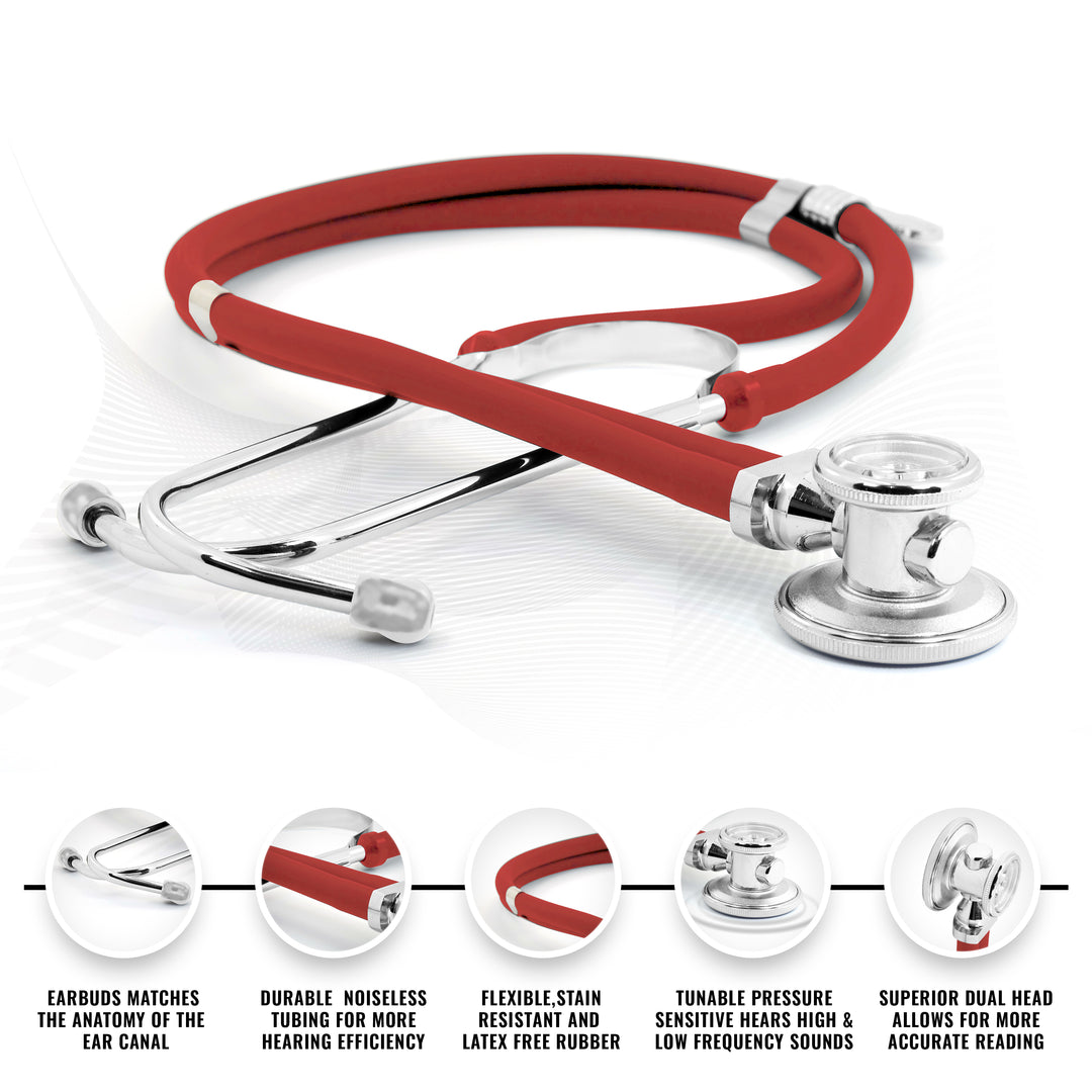 Studio shot of a red Sprague Rappaport stethoscope highlighting the tunable dual-head chest piece, noiseless tubing, and chrome-plated brass binaurals.