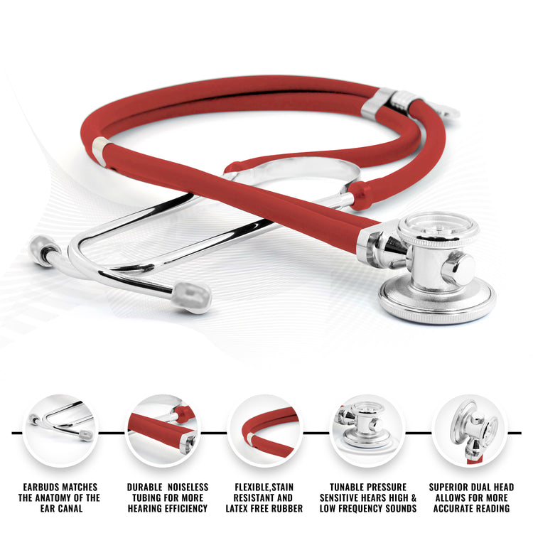 Studio shot of a red Sprague Rappaport stethoscope highlighting the tunable dual-head chest piece, noiseless tubing, and chrome-plated brass binaurals.