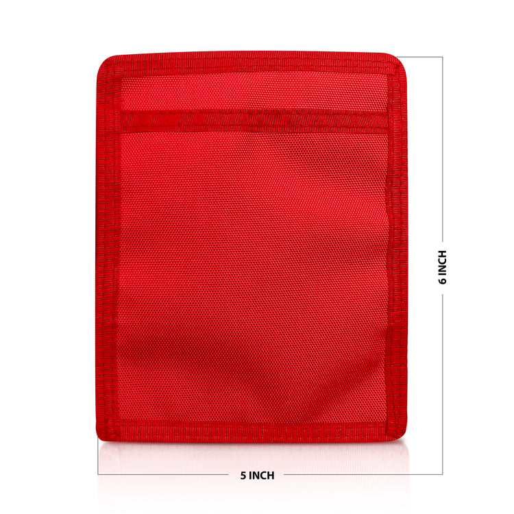 Red pouch with mesh pocket and measurements on a white background