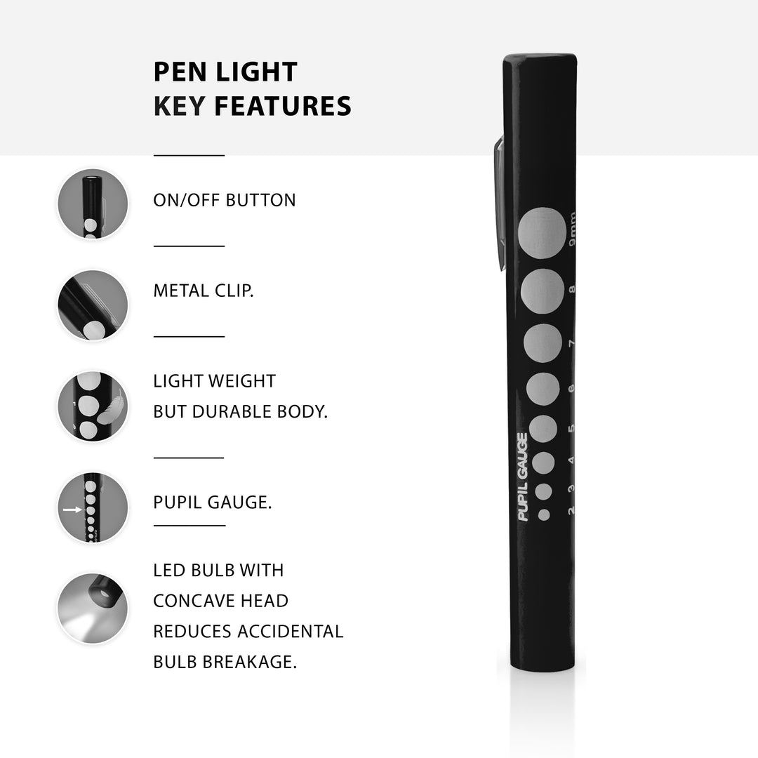 An infographic titled "PEN LIGHT KEY FEATURES." It displays the full pen light alongside circular zoom-in images highlighting the on/off button, metal clip, durable body, pupil gauge, and the concave LED bulb head designed to reduce breakage.